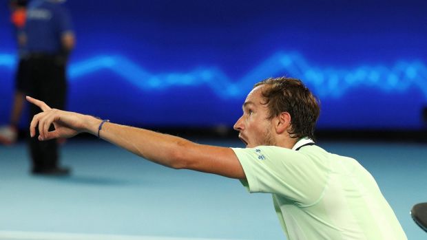 Daniil Medvedev argues with the umpire during his win over Greece’s Stefanos Tsitsipas. Photograph: Aaron Francis/Geety/AFP