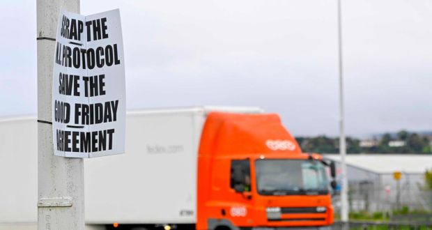 An anti-NI protocol sign near Larne port, one of the locations of post-Brexit agrifood checks. File photograph: Mark Marlow/Bloomberg