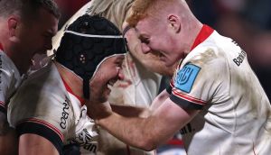  Gareth Milasinovich is congratulated by Nathan Doak after scoring a try. Photograph: Tom Maher/Inpho