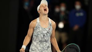 Australia’s Ash Barty celebrates after winning the women’s singles final against America’s  Danielle Collins at the Australian Open in Melbourne. Photograph:  Martin Keep/AFP via Getty Images