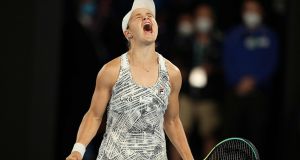 Australia’s Ash Barty celebrates after winning the women’s singles final against America’s  Danielle Collins at the Australian Open in Melbourne. Photograph:  Martin Keep/AFP via Getty Images
