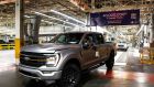 The 40 millionth Ford Motor Co. F-Series truck rolls off the assembly line at the Ford Dearborn Truck Plant in Michigan. Photograph: JEFF KOWALSKY/AFP via Getty Images)