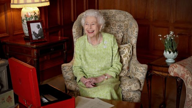Queen Elizabeth smiling as she sits in Sandringham House in Norfolk. Image released to mark the start of platinum jubilee year. Photograph: Chris Jackson/Buckingham Palace/AFP/ Getty Images