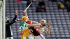 Galway’s Conor Whelan tangles with Ciaran Burke and Killian Sampson of Offaly. Photograph: Laszlo Geczo/Inpho