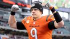 Joe Burrow of the Cincinnati Bengals celebrating after the game against the Kansas City Chiefs at Paul Brown Stadium in Cincinnati, Ohio, on January 2th, 2022. Photograph: Andy Lyons/Getty Images