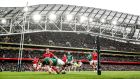 Bundee Aki scores a try for Ireland in the opening victory over Wales at the Aviva Stadium.   Photograph: Dan Sheridan/Inpho