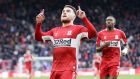 Middlesbrough’s Aaron Connolly  celebrates scoring his first goal for the club during the Sky Bet Championship match against Derby County at the  Riverside Stadium. Photograph:  Richard Sellers/PA Wire