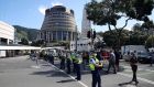 Police take over an intersection leading to parliament in Wellington on the ninth day of demonstrations against Covid-19 restrictions in New Zealand. Photograph: Marty Melville/AFP via Getty Images