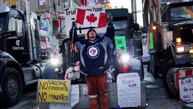 Truck drivers and their supporters block streets in Ottawa. Photograph: Scott Olson/Getty Images