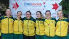 Orla Fox, Kate Lloyd, Riona Norton, Jenny Long, Orla Patton and Lily Lloyd, the six Railway Union players who competed at the EuroHockey Indoor Club Trophy. Photograph: Tristan Stedham.