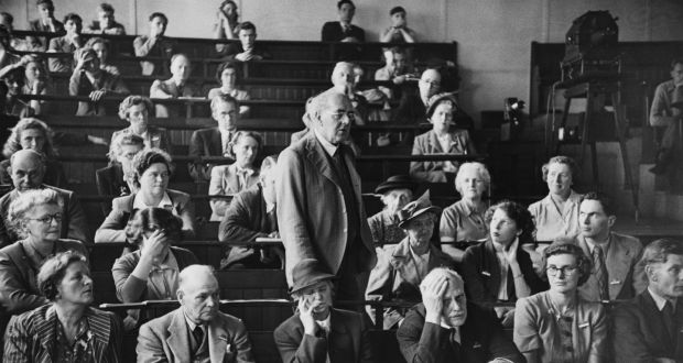 English mathematician, meteorologist and psychologist Lewis Fry Richardson (standing, centre) at a lecture in Newcastle in September 1949. Photograph: Kurt Hutton/Picture Post/Hulton Archive/Getty Images