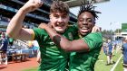 Meath’s Rian O’Connell and Danny Ehichoya celebrate victory over Tyrone in the 2021 All-Ireland minor football final. A  number of motions to Congress looking variously to restore the minor grade from under-17 to under-18 and allow counties a derogation to set their own age limits. Photograph: Laszlo Geczo/Inpho