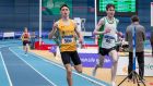 Darragh McElhinney crosses the line after winning the men’s 3,000m final at the Irish National Indoor Championships. Photograph: Morgan Treacy/Inpho