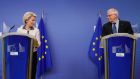 European Commission president Ursula von der Leyen and EU foreign policy chief Josep Borrell make a joint press statement at EU headquarters in Brussels on Sunday. File photograph: Stephanie Lecocq, Pool Photo via AP