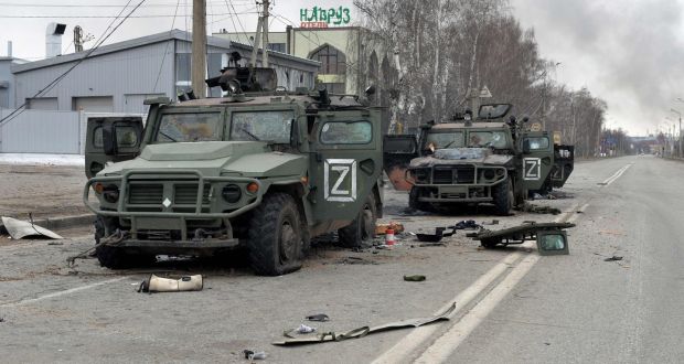 Russian infantry mobility vehicles destroyed as a result of fighting in Kharkiv, located some 50km from Ukrainian-Russian border. Photograph: Sergey Bobok/AFP via Getty Images