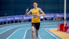 Luke McCann (UCD AC) celebrates his victory in the men’s 1500m final at the  National Indoor Championships at the  National Indoor Arena, Dublin. Photograph: Morgan Treacy/Inpho 
