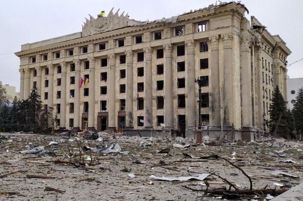 The damaged headquarters of the Kharkiv administration hit by shelling in Kharkiv on Tuesday. Photograph: Sergey Bobok/AFP via Getty Images