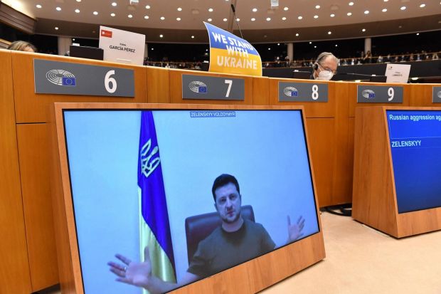 Ukrainian president Volodymyr Zelensky appears on a screen as he speaks in a video conference during a special plenary session of the European Parliament focused on the Russian invasion of Ukraine at the EU headquarters in Brussels, on March 1st. Photograph: John Thys/AFP via Getty Images