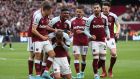  Ukrainian Andriy Yarmolenko celebrates with his West Ham team-mates after opening the scoring during the Premier League game against   Aston Villa  at London Stadium. Photograph: Julian Finney/Getty Images