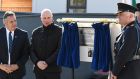 A plaque  commemorating the first member of An Garda Síochana, PJ Kerrigan, is unveiled at Westport Garda station as part of An Garda Síochána’s centenary celebrations. Photograph: Garda Síochana/Twitter 