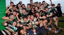 Sligo Grammar players celebrate their Connacht  Schools Senior Cup victory over Coláiste Iognáid   at the Sportsground. Photograph: Ben Brady/Inpho  