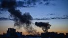 Smoke rises after an explosion in Kyiv: Ukrainian president Volodymyr Zelenskiy has compared Russia’s invasion to the 1941 bombing of Pearl Harbour and the 9/11 attacks on the United States. Photograph:  Aris Messinis 