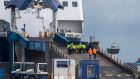 Security and severance personnel board the P&O European Causeway in Larne, Co Antrim. Photograph: Pacemaker Press