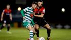 Jordan Flores of Bohemians challenges Shamrock Rovers’ Jack Byrne  during the SSE Airtricity League Premier Division match at Tallaght Stadium. Photograph: Ryan Byrne/Inpho