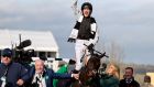 Danny Mullins on Flooring Porter celebrates after winning the Grade One Paddy Power Stayers’ Hurdle. Photograph: Dan Sheridan / INPHO