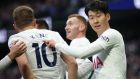 Heung-Min Son  celebrates with team-mate Harry Kane after scoring of Tottenham Hotspur’s second goal during the Premier League match against West Ham  at Tottenham Hotspur Stadium. Photograph:  Eddie Keogh/Getty Images