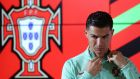   Cristiano Ronaldo speaks to the media at the  Estádio do Dragão in Porto ahead of Tuesday’s World Cup playoff final against North Macedonia. Photograph: Estela Silva/EPA