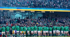 No atmosphere: The Ireland team prior to their Six Nations game against Scotland at the Aviva Stadium on March 19th. There’s anecdotal evidence of supporters who no longer wish to be there having simply become weary of the experience. Photograph: Ben Brady/Inpho