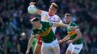  Tyrone’s Conn Kilpatrick and Jason Foley of Kerry during the league clash in Killarney. Victory in Kerry will have provided great satisfaction to the reigning All-Ireland champions. Photograph: Bryan Keane/Inpho  