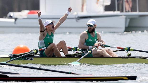 Ireland’s Fintan McCarthy and Paul O’Donovan celebrate winning gold in the Lightweight Men’s Double Sculls final at Tokyo 2020 on July 29th, 2021. Photograph: Morgan Treacy/Inpho