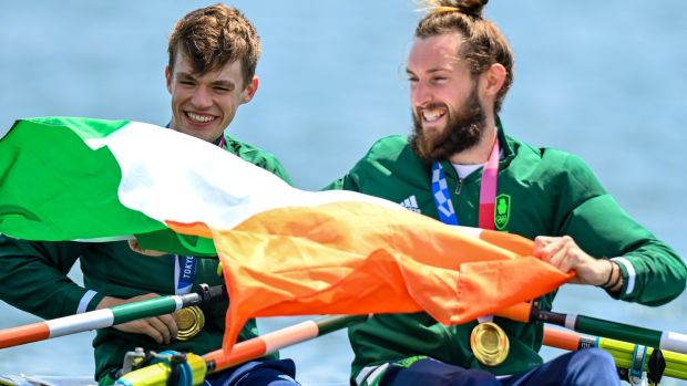 Ireland’s Fintan McCarthy and Paul O’Donovan with their gold medals at the 2020 Olympic Games in Tokyo on July 29th, 2021. Photograph: Steve McArthur/Inpho/Photosport