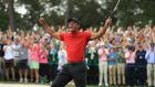 Tiger Woods  celebrates on the 18th green after winning the Masters at Augusta National Golf Club in Georgia on April 14th, 2019. Photograph: Andrew Redington/Getty Images