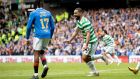 Celtic’s Cameron Carter-Vickers celebrates his goal making it 2-1 during a cinch Premiership match between Rangers and Celtic at Ibrox Stadium. Photograph: Craig Williamson/SNS Group via Getty