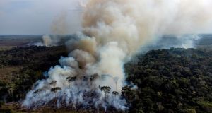 A fire set by farmers for deforestation in the Amazon jungle near Caqueta, Colombia in February 2021. Photograph: Federico Rios/New York Times