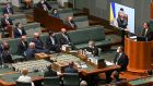 Ukrainian president Volodymyr Zelenskiy addresses Australian federal parliament via video link on March 31st, 2022 in Canberra, Australia. Photograph: Martin Ollman/Getty Images