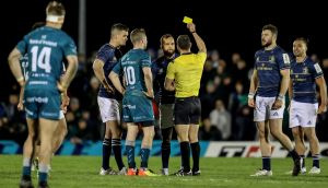 Referee Karl Dickson shows a yellow card to Jamison-Gibson Park during Leinster’s win over Connacht. Photograph: Dan Sheridan/Inpho
