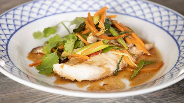  Soy steamed cod with gingered vegetables. Photograph:  Patrick Browne