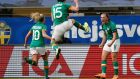 Ireland’s Katie McCabe (R) celebrates with Denise O’Sullivan (L) and Lucy Quinn (C) after scoring against Sweden. Photograph: Bjorn Larsson Rosvall/EPA