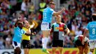 Anthony Bouthier of Montpellier celebrates as  a dejected Marcus Smith of Harlequins  reacts after missing a late conversion. Photograph:James Crombie/Inpho