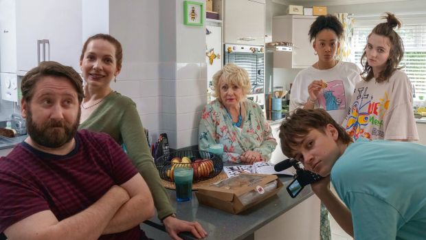 Jim Howick, Katherine Parkinson, Alison Steadman, Jude Collie, Mica Ricketts and Freya Parks in Here We Go