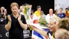 Prince Harry applauds during a medal ceremony at the Invictus Games in The Hague. Photograph:  Sem van der Wal/ANP/AFP via Getty Images