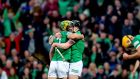 Limerick’s Declan Hannon and Dan Morrissey celebrate at the final whistle. Photograph: Ryan Byrne/Inpho