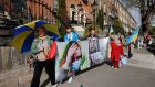 A Ukrainian Crisis Centre Ireland  protest in Dublin  on Friday by Ukrainians who recently arrived in Ireland and members of the Irish Ukrainian community against the targeting of the civilian population in the ongoing Russian invasion of Ukraine. Photograph: Alan Betson