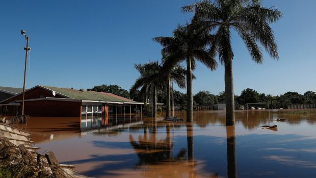 A sports centre covered by floodwaters on Isipingo beach, Durban. Photograph: Phill Magakoe/AFP via Getty