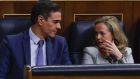 Spanish prime minister Pedro Sánchez and economy minister Nadia Calvino in the Spanish parliament in Madrid on Wednesday. Photograph: EPA/JJ Guillén