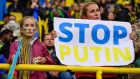 Fans protest during a football match between Borussia Dortmund and Dynamo Kyiv in  Germany this week. But Putin’s war has entered a more attritional phase and western public and media attention will decline. Photograph:  Sascha Schuermann/AFP via Getty Images